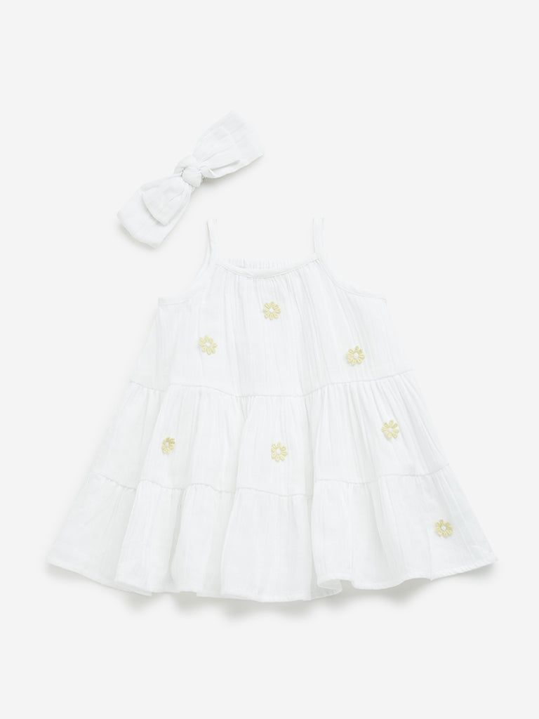 HOP Baby White Floral Tiered Cotton Dress & Headband Set