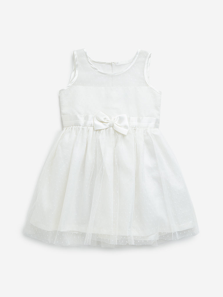 HOP Kids Off-White Bow Applique A-Line Mesh Dress