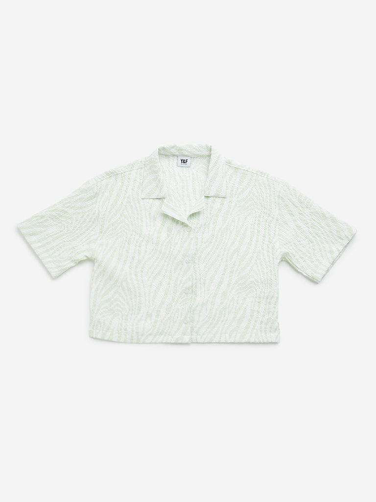 Y&F Kids Green Abstract Cropped Cotton Shirt