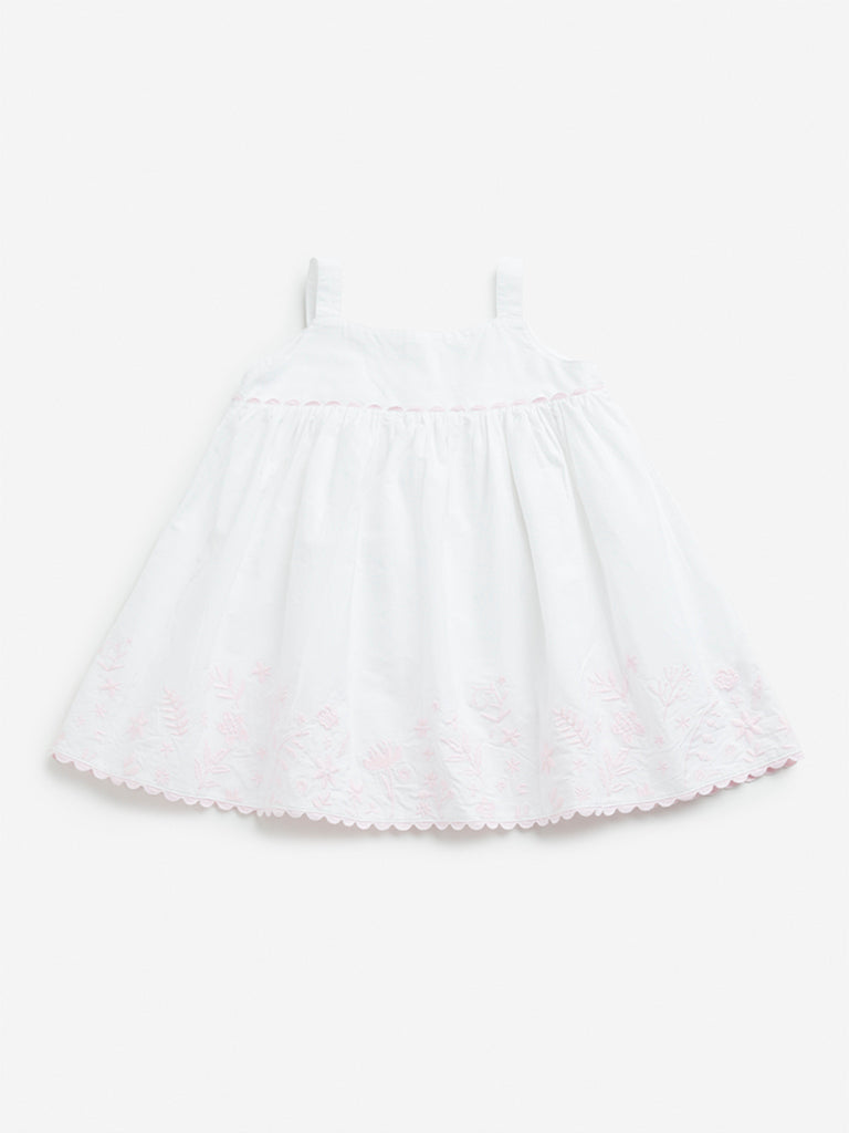 HOP Baby White Empire Line Floral Embroidered Cotton Dress