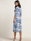 Wardrobe Ivory & Blue Foliage Printed Straight Dress