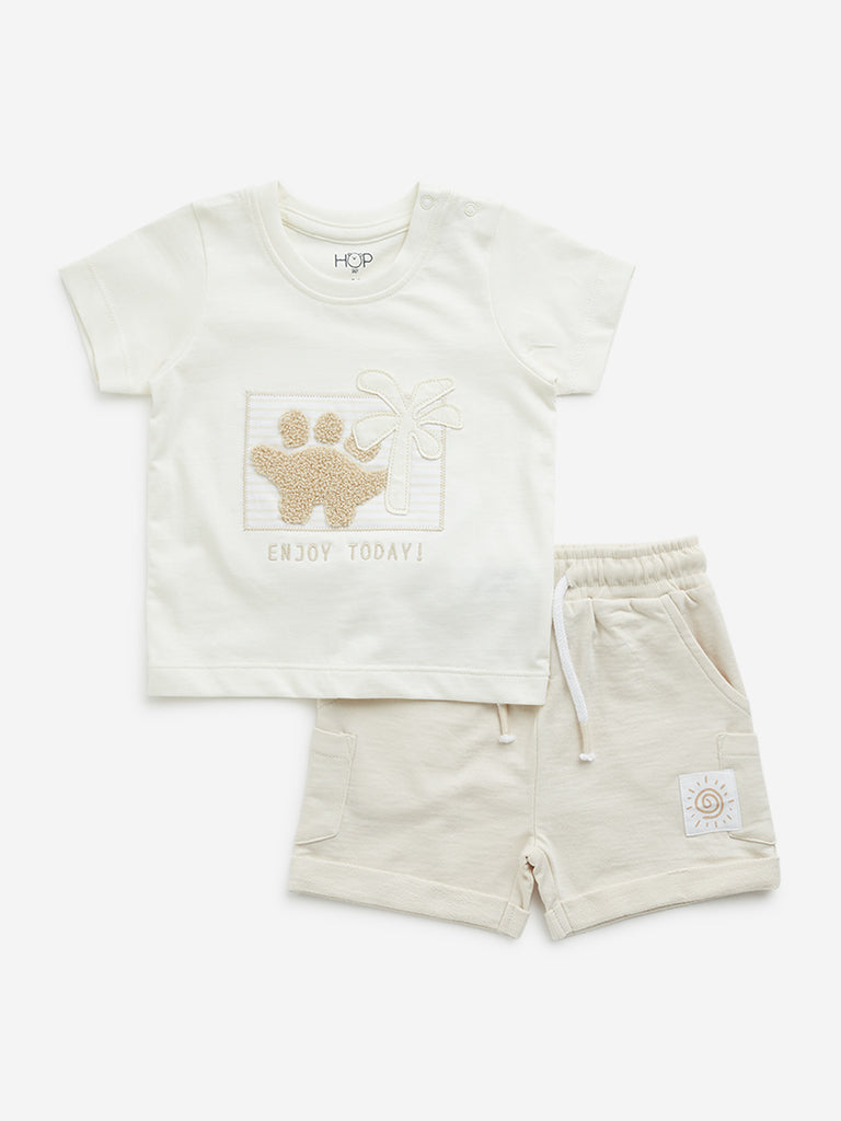 HOP Baby Beige Cotton T-Shirt with Mid-Rise Shorts Set