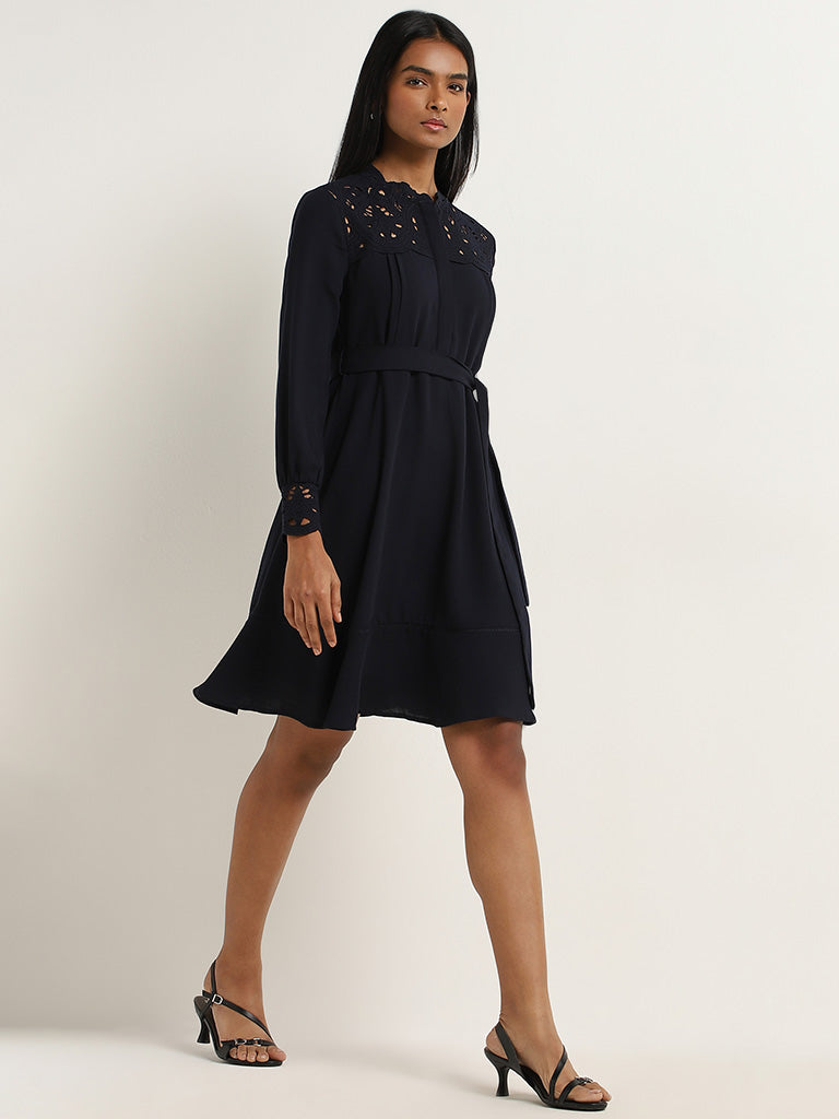 Wardrobe Navy Embroidered A-Line Dress with Belt