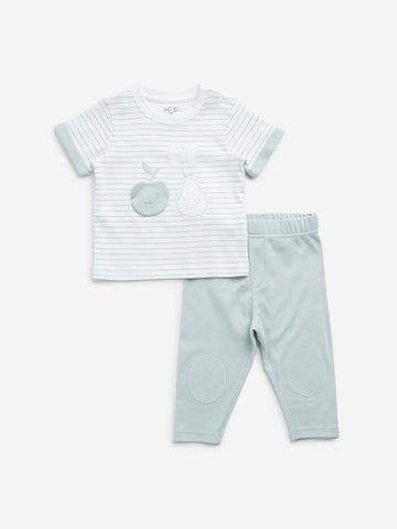 HOP Baby Teal Stripe Printed Cotton T-Shirt with Pants Set