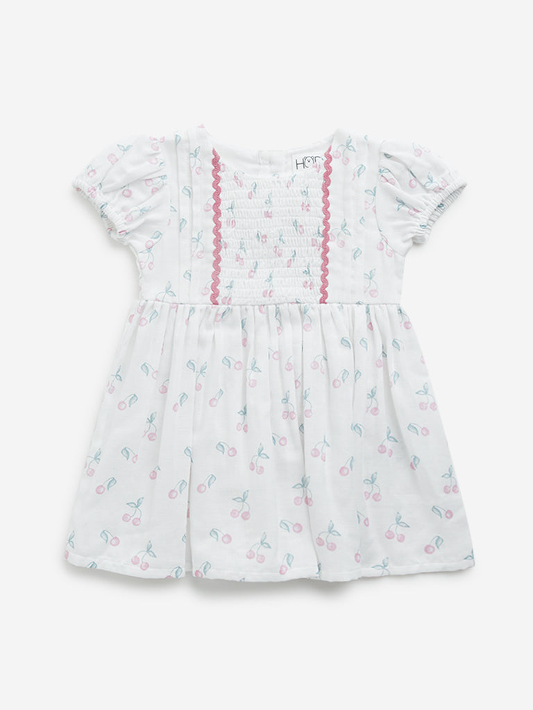 HOP Baby White Cherry Printed A-Line Cotton Dress