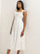 LOV White Floral A-Line Blended Linen Dress with Belt