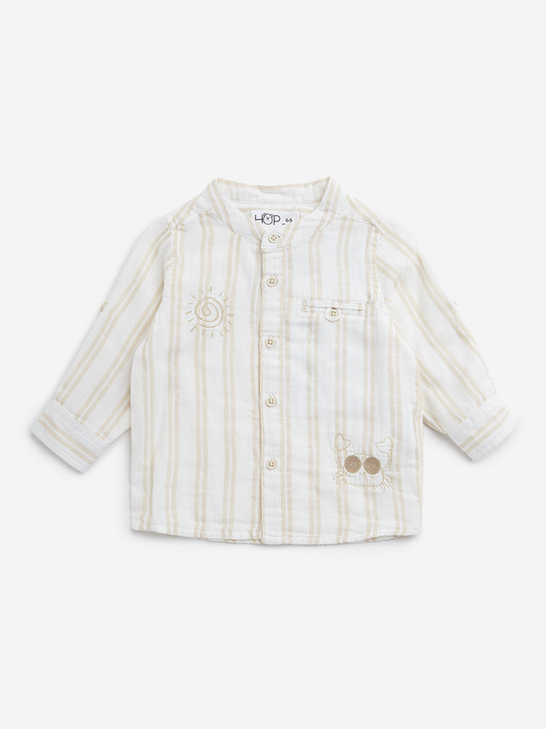 HOP Baby Beige Stripe Printed Cotton Shirt