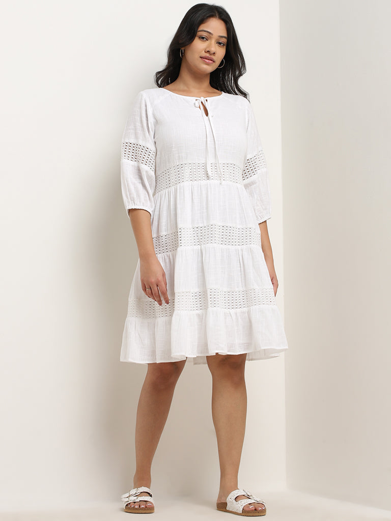 Gia White Crochet-Detailed Tiered Cotton Dress