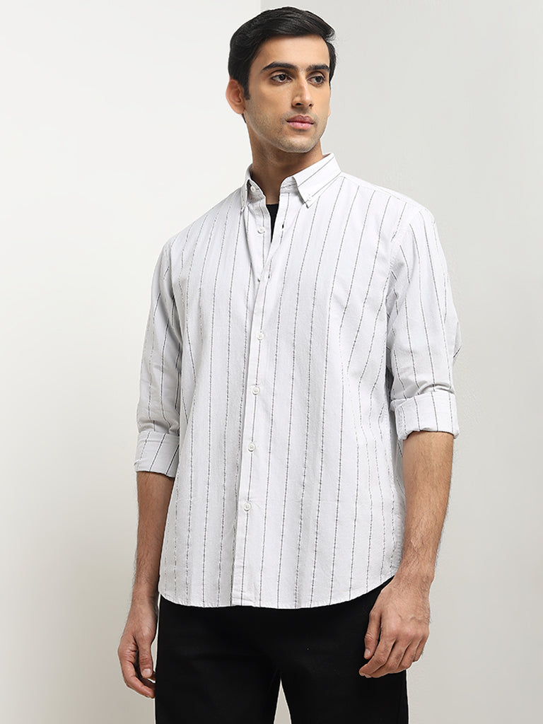 Ascot Light Grey Striped Relaxed-Fit Cotton Shirt