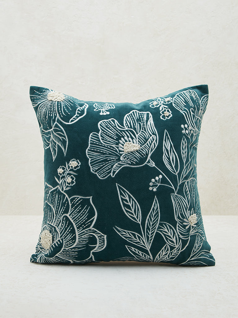 Westside Home Teal Floral Embroidered Cushion Cover