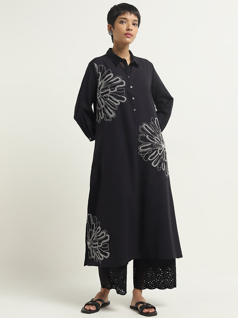 Utsa Black Embroidered A-Line Cotton Blend Kurta