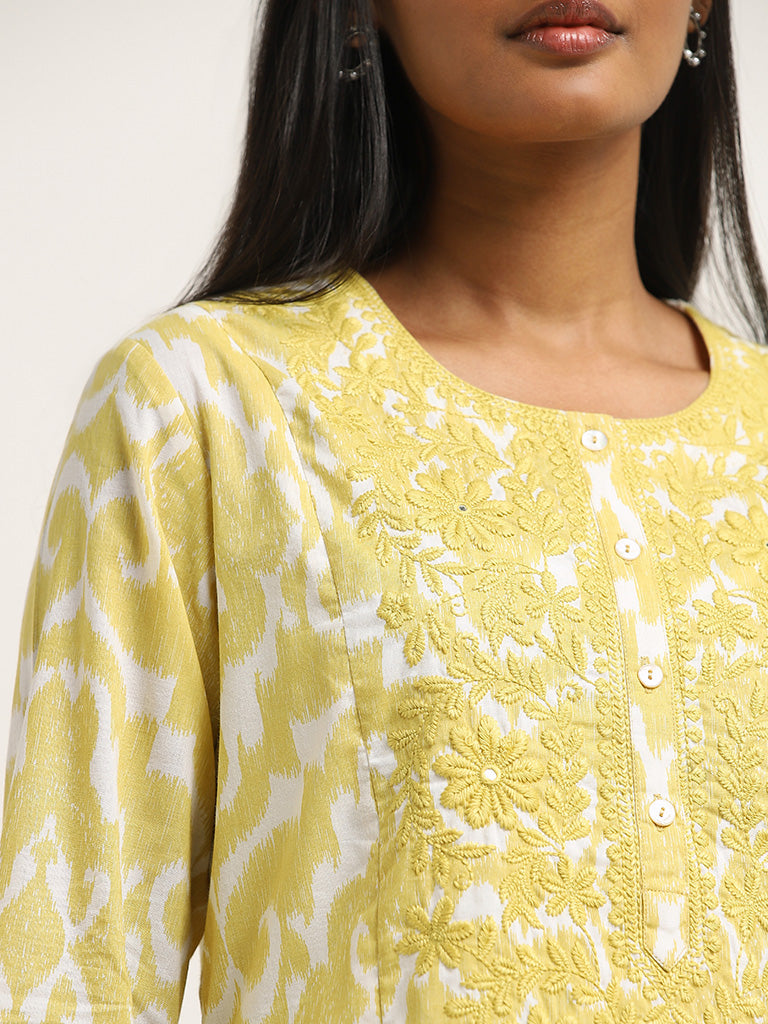 Utsa Yellow Ikat Pattern Straight Cotton Kurta