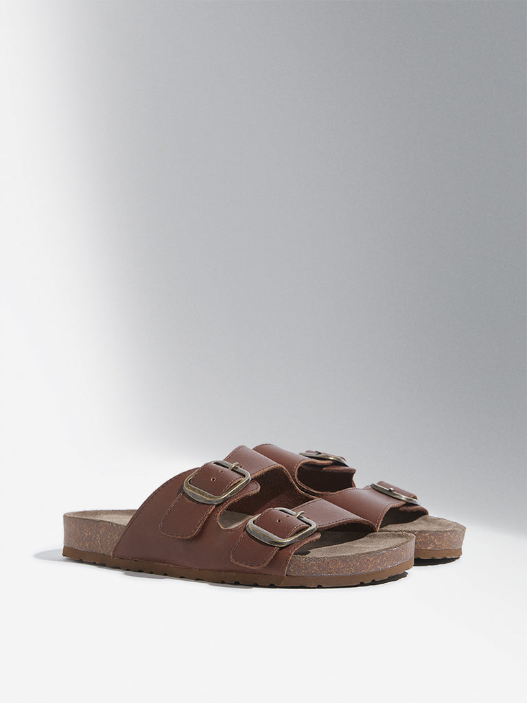 LUNA BLU Brown Double Band Comfort Leather Sandals