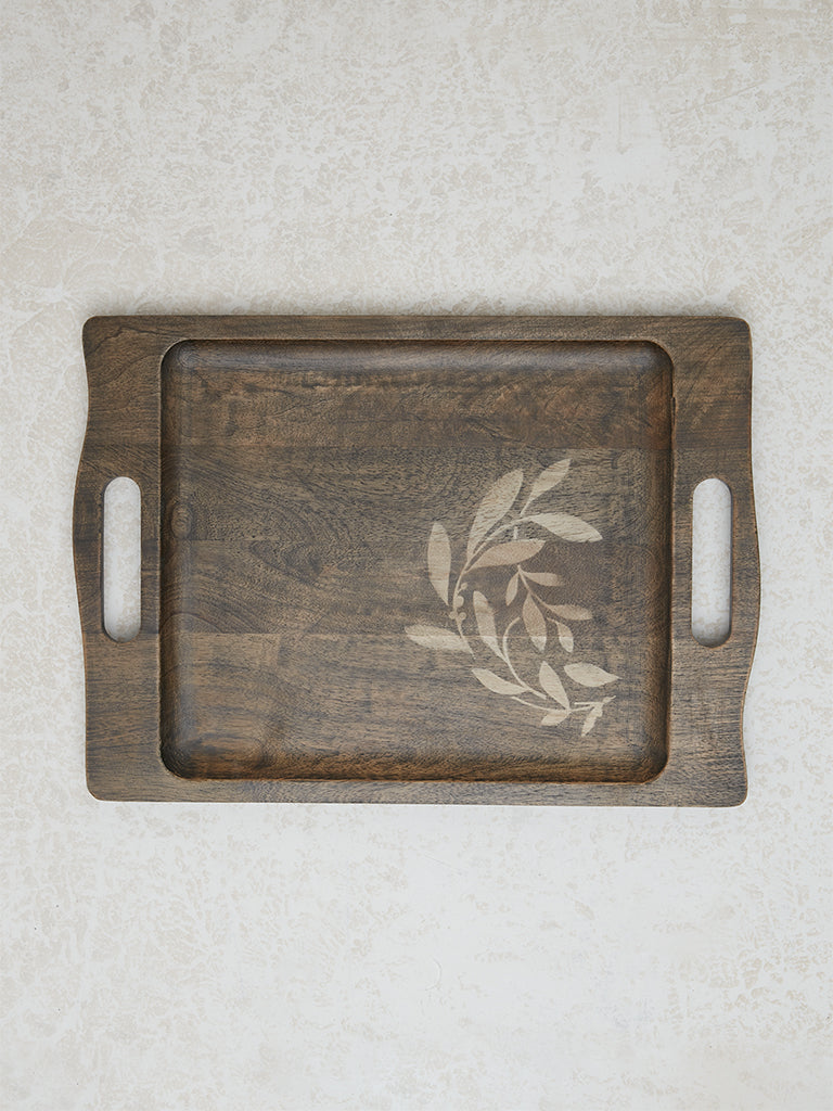 Westside Home Brown Leaf Design Wooden Serving Tray