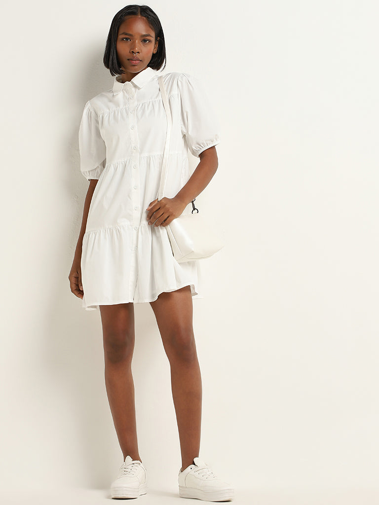 Nuon White Tiered Cotton Shirt Dress