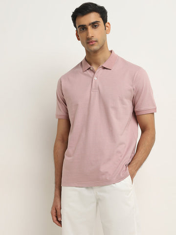 WES Casuals Dusty Pink Self-Striped Relaxed-Fit Polo T-Shirt