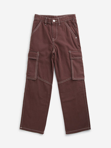 Y&F Kids Dark Brown Cargo-Style Mid-Rise Cotton Trousers