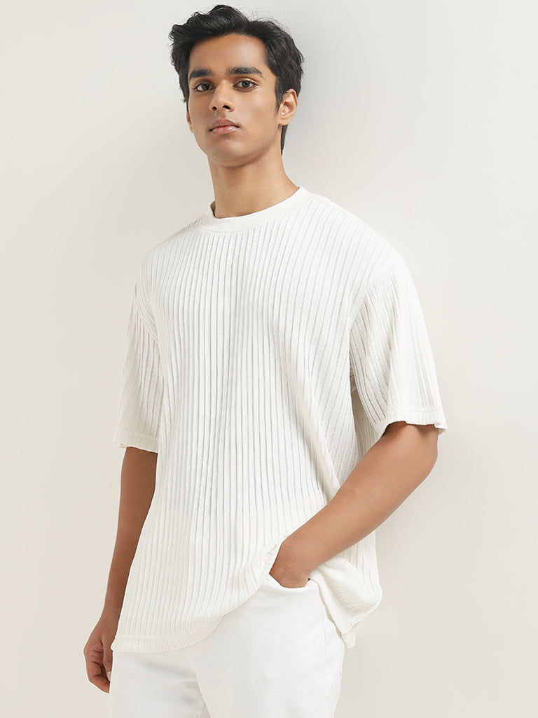 Nuon White Striped Relaxed-Fit Cotton T-Shirt