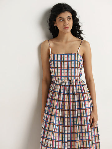 Bombay Paisley Multicolour Checkered A-Line Cotton Dress