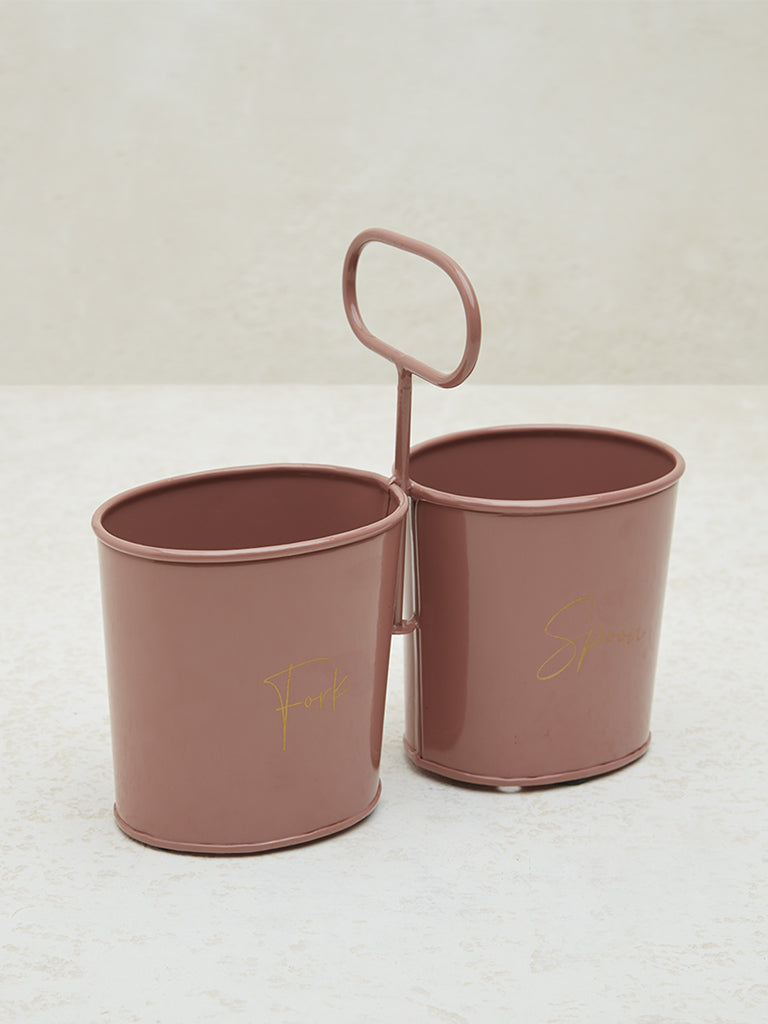 Westside Home Pink Text Design Fork and Spoon Caddy with Handle