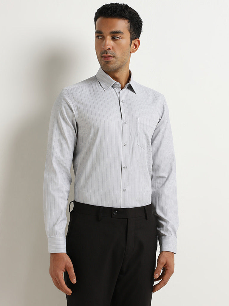 WES Formals Grey Pinstripe Design Slim-Fit Shirt