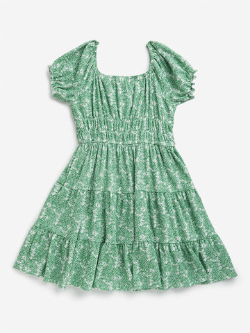 Y&F Kids Green Printed Tiered Cotton Dress