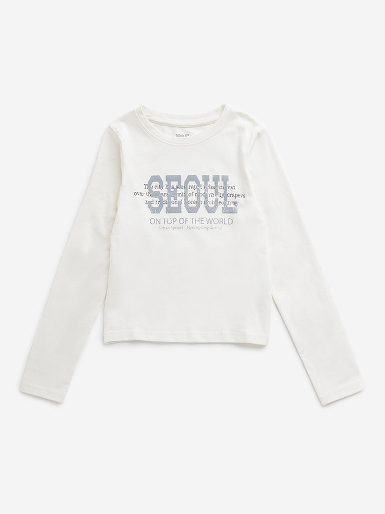 Y&F Kids Off-White Text Printed Cotton Blend Top