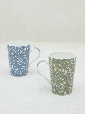 Westside Home Blue & Mint Leaf Printed Mugs (Set of 2)