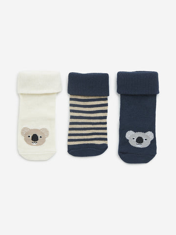 HOP Baby Navy Koala Printed Socks - Pack of 3