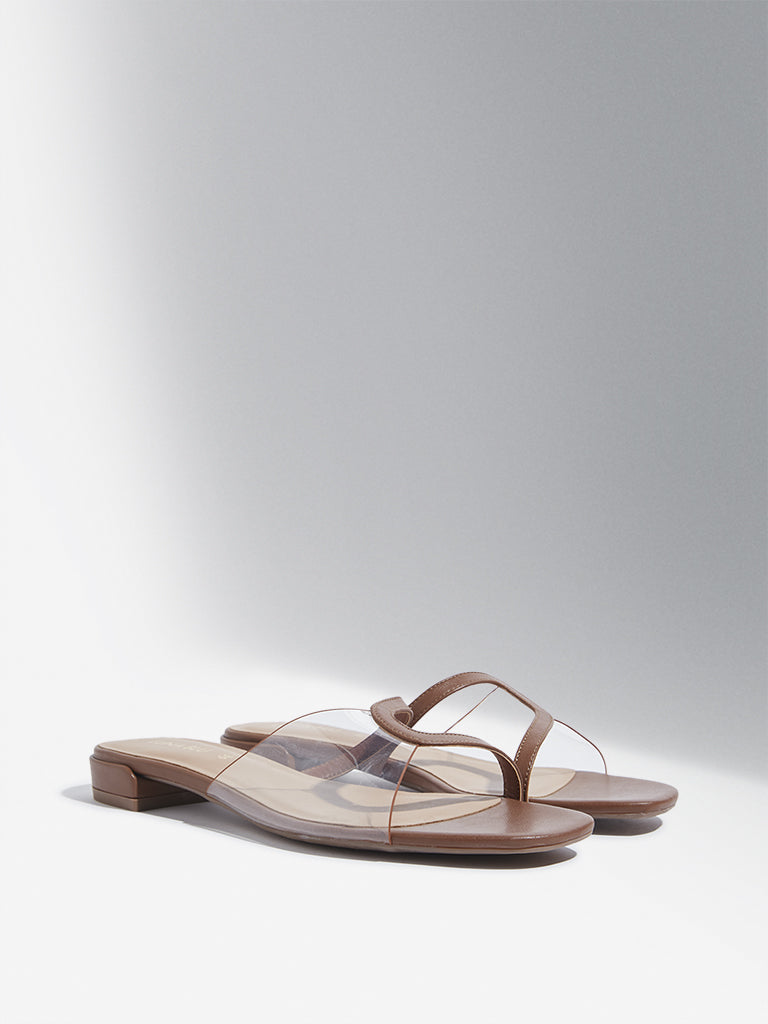 LUNA BLU Tan Vinyl Strap Slides