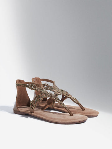 LUNA BLU Tan Embellished T-Strap Gladiator Sandals