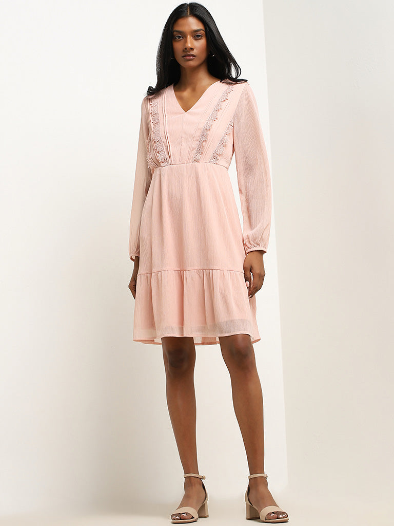 Wardrobe Peach Lace Detailed Tiered Dress