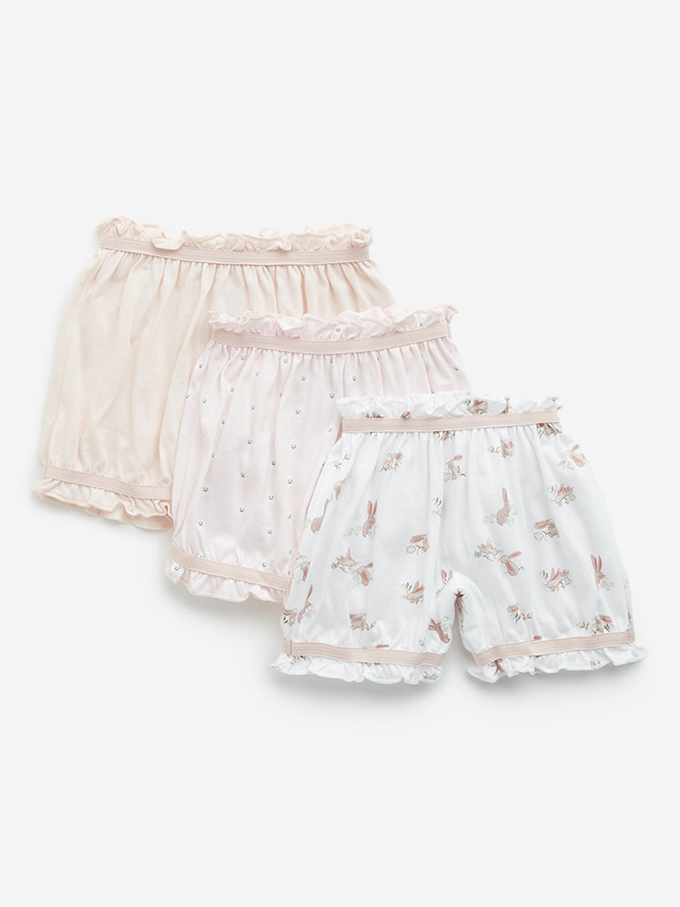 HOP Kids Light Pink Rabbit Printed Cotton Bloomers - Pack of 3