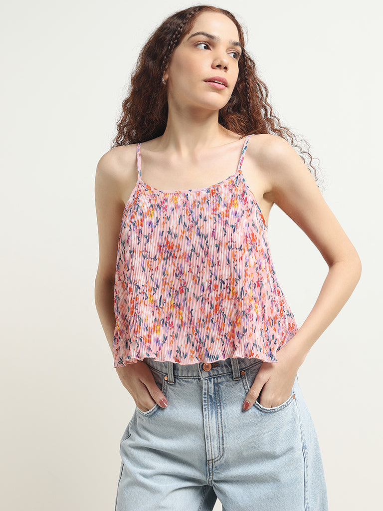 Nuon Pink Floral Design Pleated Top