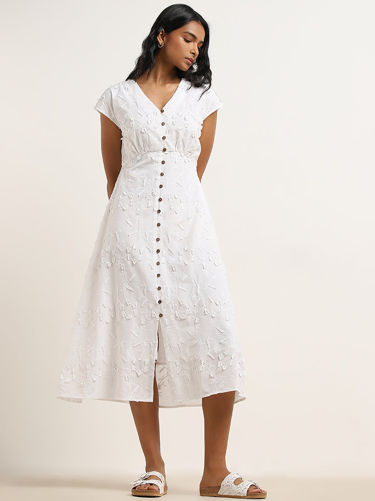 LOV White Floral Embroidered A-Line Cotton Dress