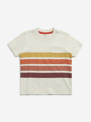 HOP Kids Beige Stripe Printed Cotton T-Shirt