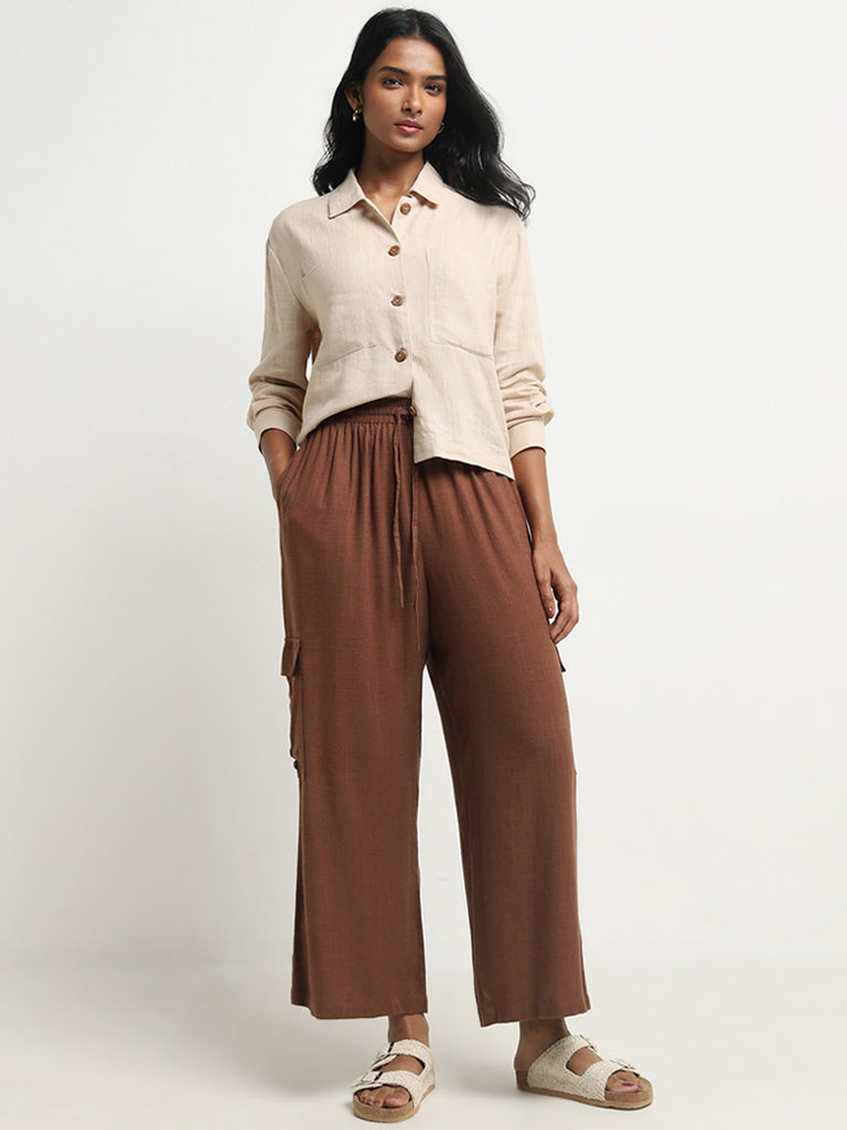 LOV Brown Cargo-Style High-Rise Flared Blended Linen Pants