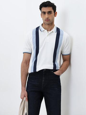 WES Casuals Blue Striped Relaxed-Fit Polo T-Shirt