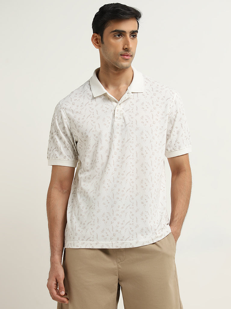 WES Casuals White Floral Relaxed-Fit Cotton Polo T-Shirt