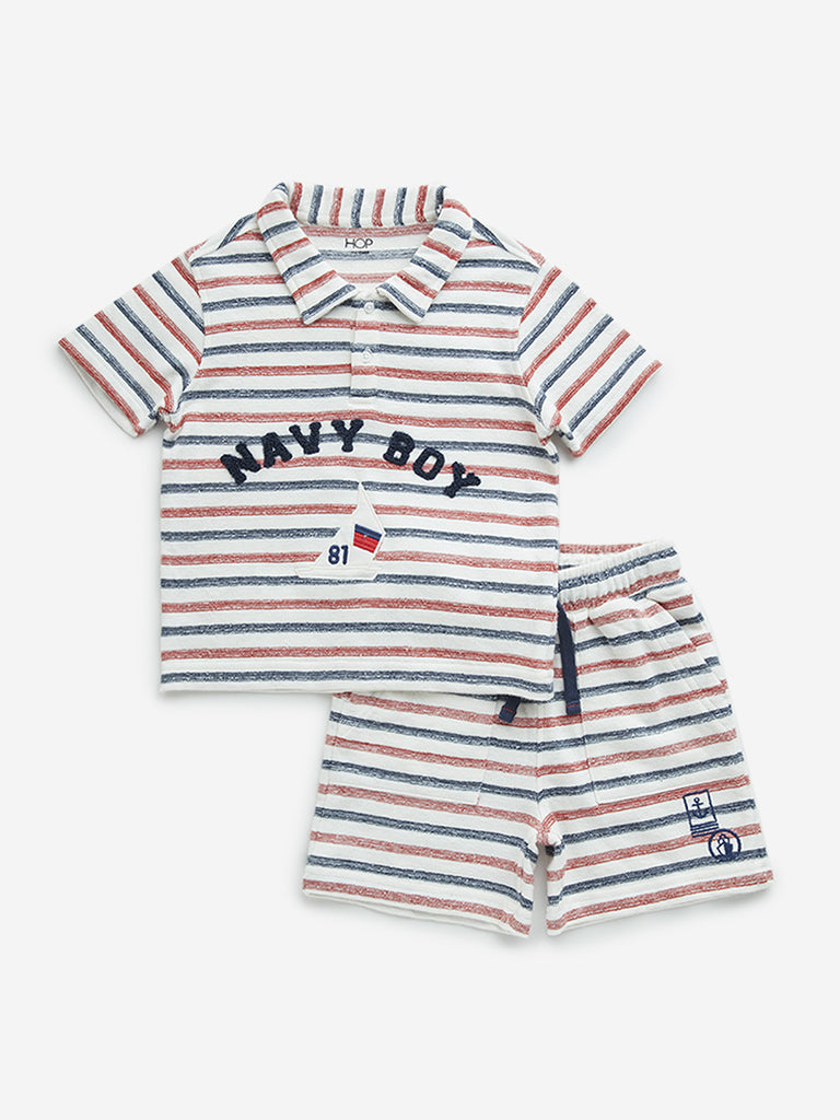 HOP Kids Red Stripe Printed Cotton T-Shirt and Shorts Set