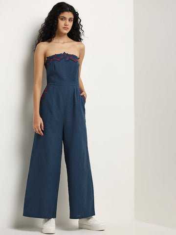 Bombay Paisley Navy Embroidered Cotton Blend Jumpsuit