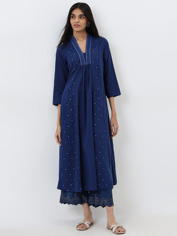 Utsa Dark Blue Embellished A-Line Cotton Kurta