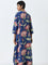 Utsa Blue Floral Printed A-Line Cotton Kurta