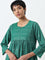 Utsa Dark Green Mirror-Work Detailed A-Line Cotton Kurta