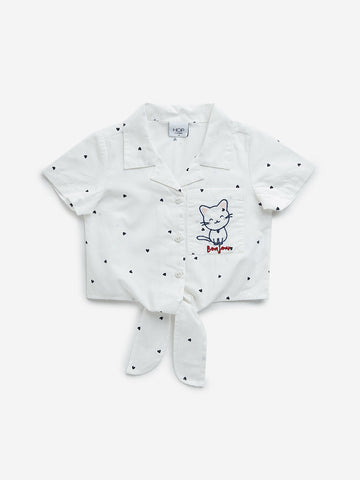 HOP Kids Off-White Cat Embroidered Tie-Up Cotton Shirt