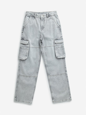 Y&F Kids Grey Faded Cargo-Style Relaxed - Fit Mid - Rise Jeans