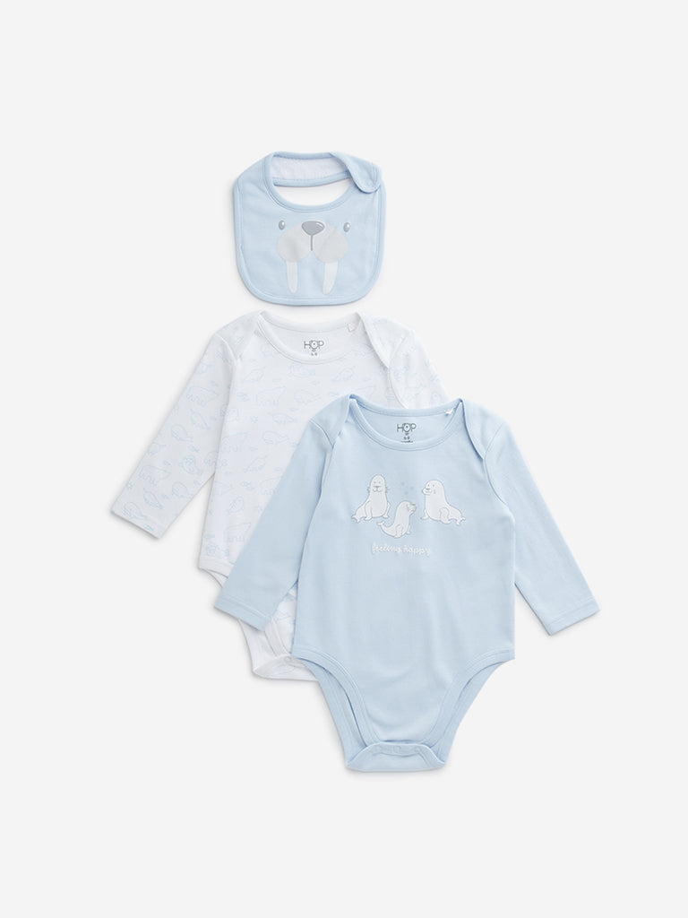 HOP Baby Light Blue Print Cotton Rompers & Bib - Pack of 2