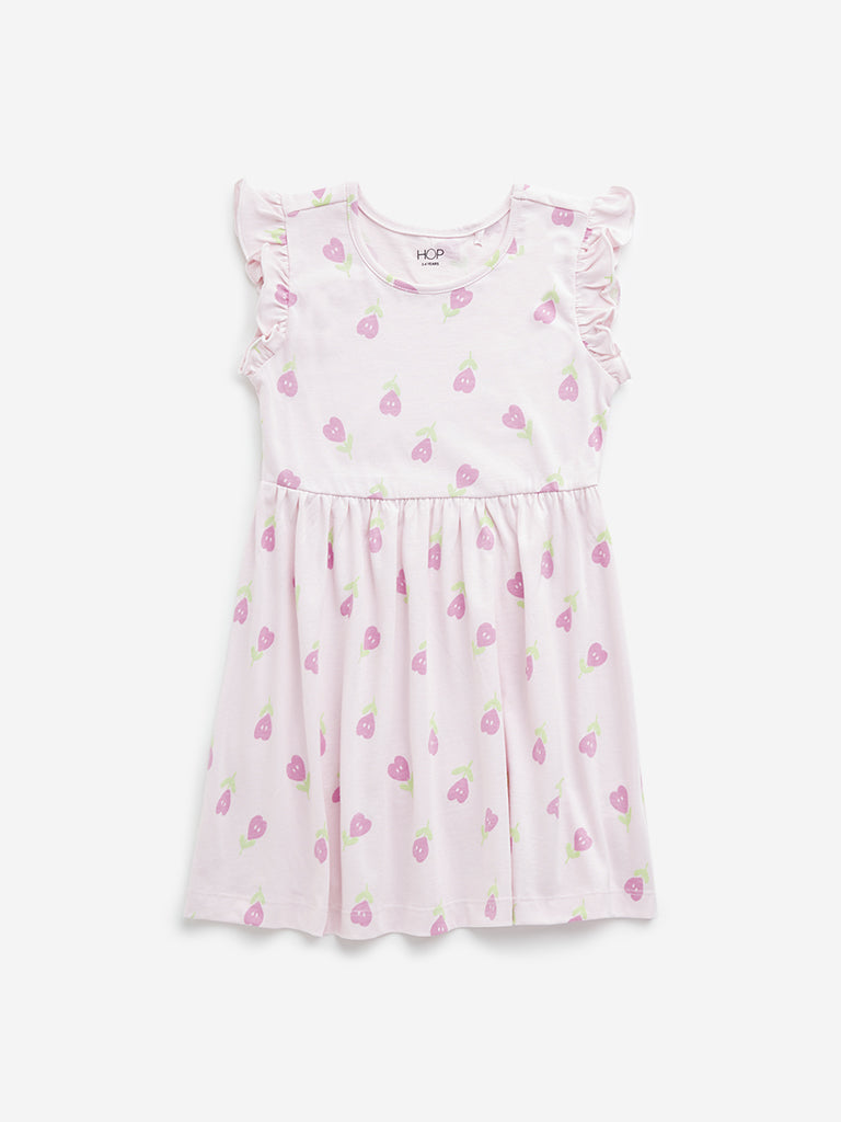 HOP Kids Light Pink Printed Casual Cotton Dress