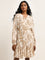 LOV Beige Leaf Printed Tiered Dress with Belt