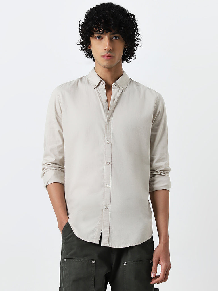 Nuon Beige Solid Slim Fit Cotton Shirt